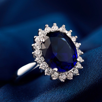 Blue Sapphire Birthstone Oval Silver Ring - Click Image to Close